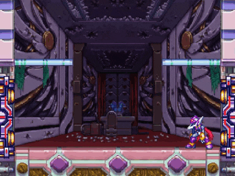a pixel art of a room with a purple robot standing in the middle of it .