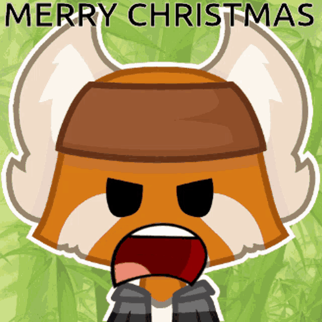 a cartoon fox wearing a hat and ear muffs with the words merry christmas above it