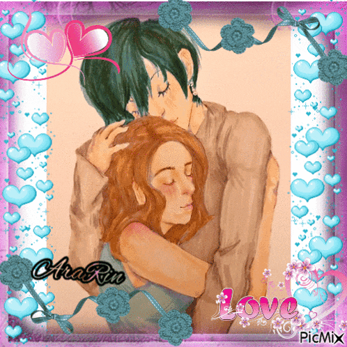 a picture of a man and a woman hugging with the words love written on the bottom