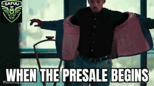 a man is standing in front of a window with his jacket open and the words `` when the presale begins '' .