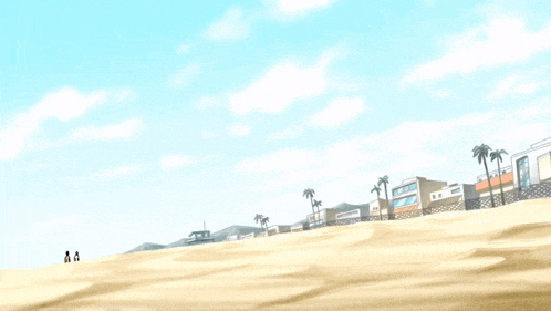 a cartoon character is standing on a beach with his hands up