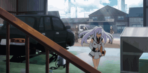 a girl with purple hair stands in front of a car