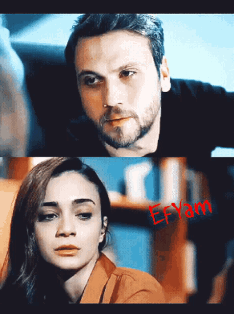 a man and a woman are looking at each other and the word efyam is on the bottom of the picture