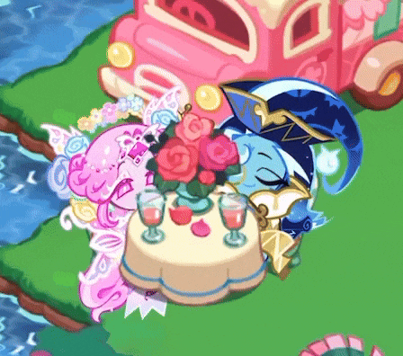 a cartoon character is sitting at a table with flowers and wine glasses