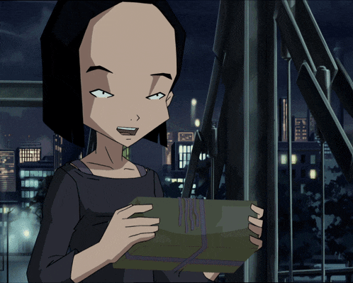 a cartoon character is holding a box with a purple ribbon