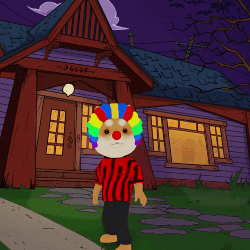 a cartoon character in front of a house with the number 36666 on the front