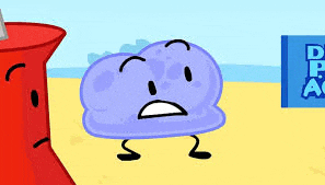 a cartoon character with a sad face is standing next to a red bucket on a beach .