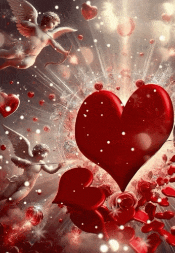 cupids are flying around a large red heart in the sky