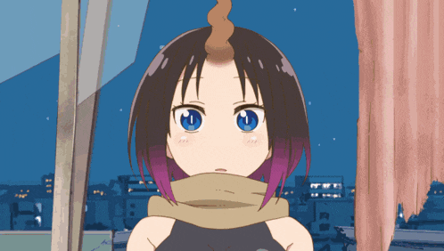 a girl with purple hair and blue eyes has a horn on her head