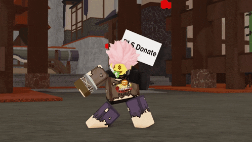 a character in a video game holding a sign that says pls donate