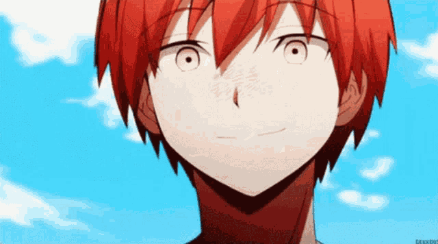 a close up of a red haired anime character with freckles on his face .