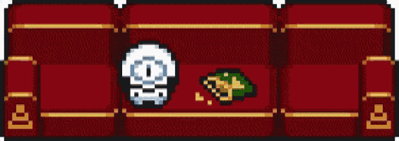 a red box with a skull , a mushroom and a frog on it