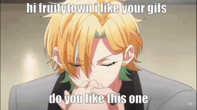 a cartoon character with a caption that says " hi fruitytown i like your gifs do you like this one "