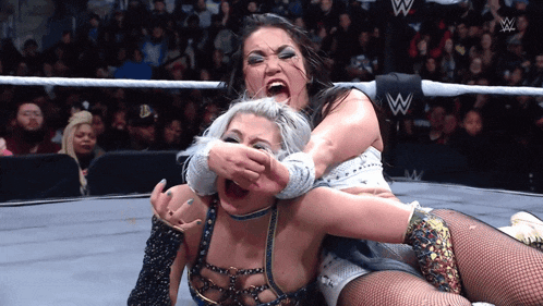 two women are wrestling in a ring with a w logo on the wall behind them