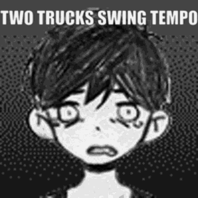 a black and white drawing of a boy with the words `` two trucks swing tempo '' .