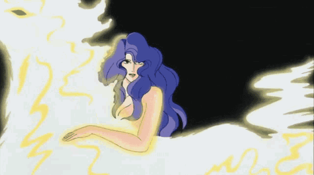 a drawing of a woman with blue hair and yellow lines
