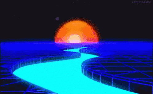 a pixel art of a road going through a body of water with a sunset in the background
