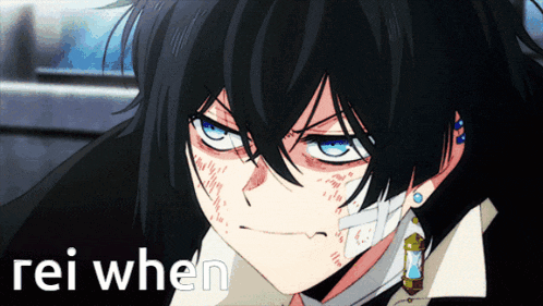 a black haired anime character with a bandage on his face and the words rei when below it