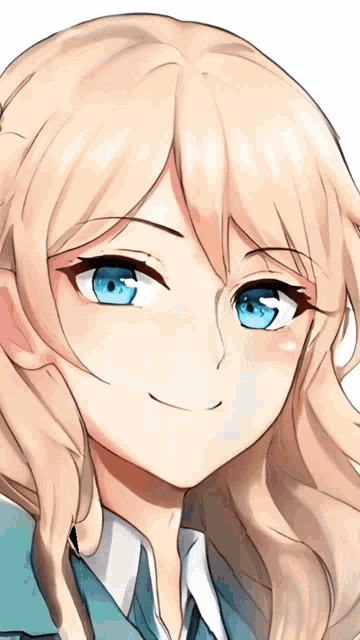 a girl with blonde hair and blue eyes smiles for the camera