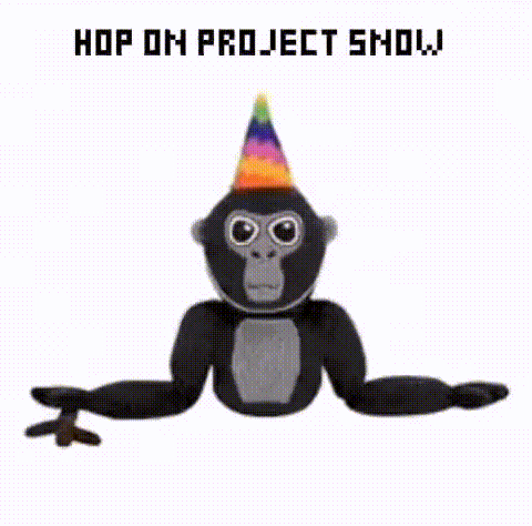 a stuffed gorilla wearing a party hat with the words hop on project show written below it .