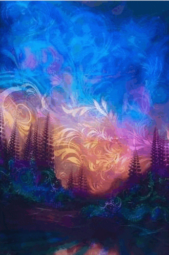 a painting of a forest with trees in the foreground and a blue sky in the background .