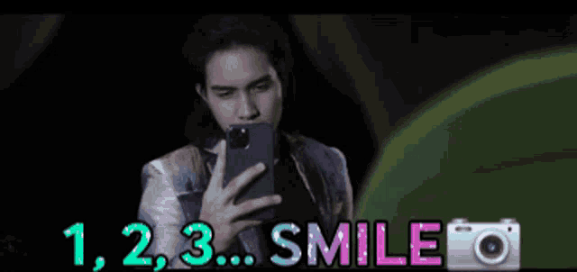 a man taking a selfie with the words 1,2,3 smile written below him