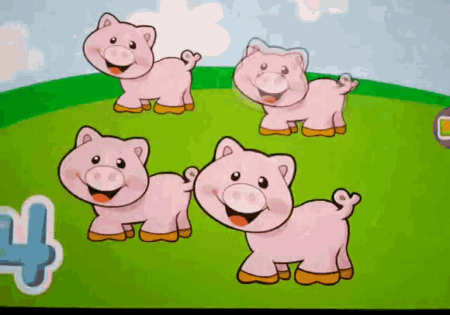 a group of pigs are standing in a grassy field with a number 4 in the corner