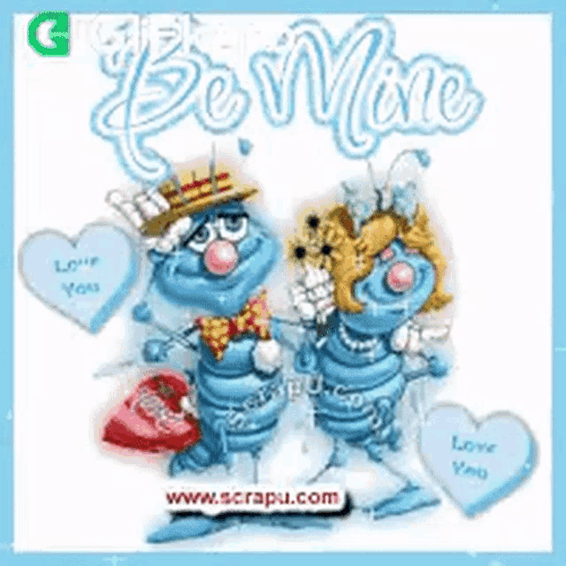 a greeting card with two blue worms and hearts that says love you