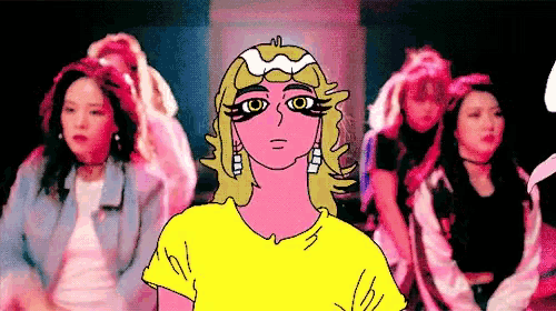 a cartoon of a woman in a yellow shirt standing in front of other women