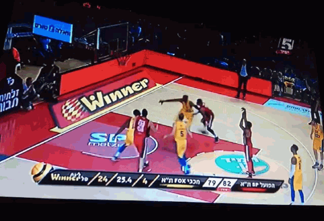 a basketball game is being played with a winner banner on the sidelines