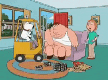 a cartoon of peter griffin sitting on a couch with a forklift behind him