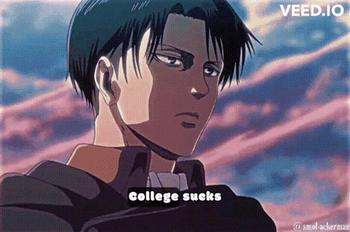 a cartoon of a man with the words college sucks underneath him