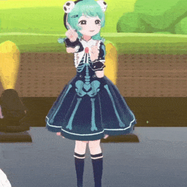 a girl with green hair and a frog hat is wearing a blue dress with bones on it