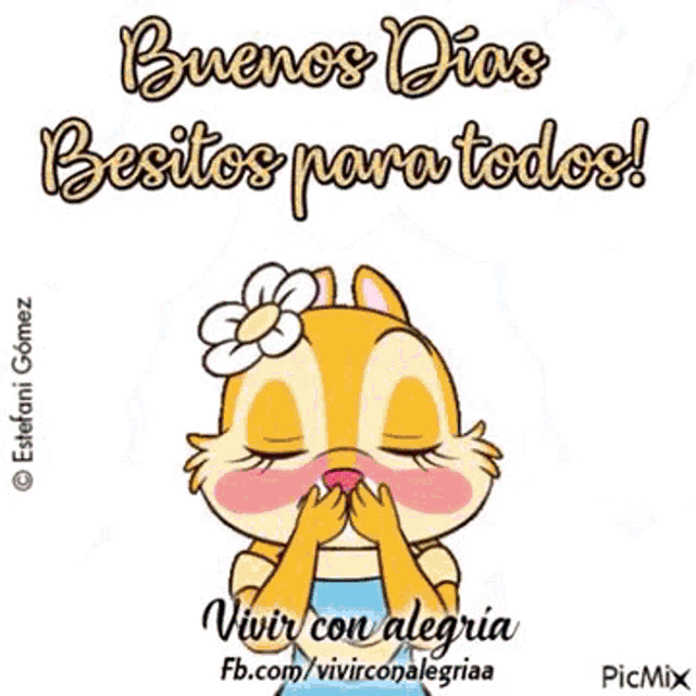 a cartoon chipmunk is surrounded by hearts and says buenos dias besitos para todos .