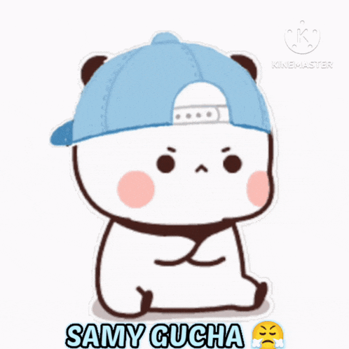 a cartoon panda bear wearing a blue hat says samy gacha