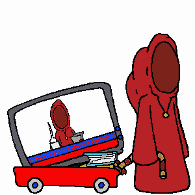 a cartoon of a person in a red hood standing next to a red car