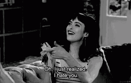 a woman is laughing and saying oh i just realized i hate you