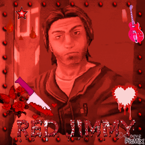 a pixel art of a man with a knife and the word red jimmy
