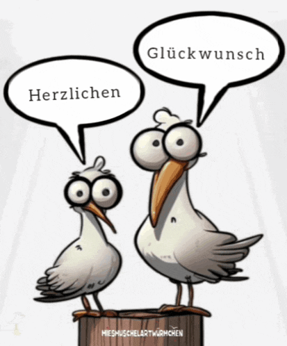 a couple of birds standing next to each other with speech bubbles that say herzlichen and glückwunsch