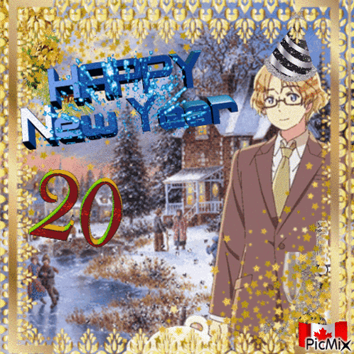 a happy new year greeting card with a man in a suit and tie