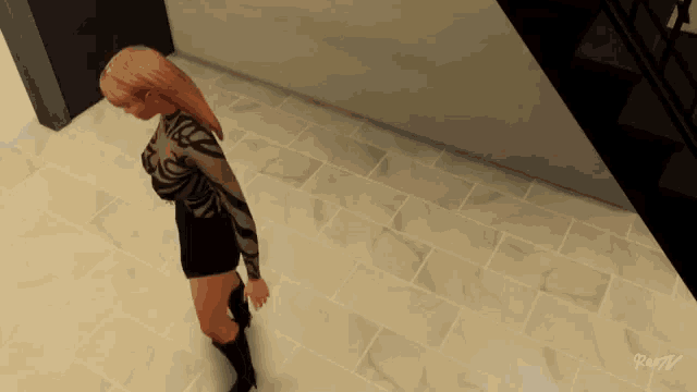 a woman with a tattoo on her chest is standing on a tiled floor with a watermark that says party