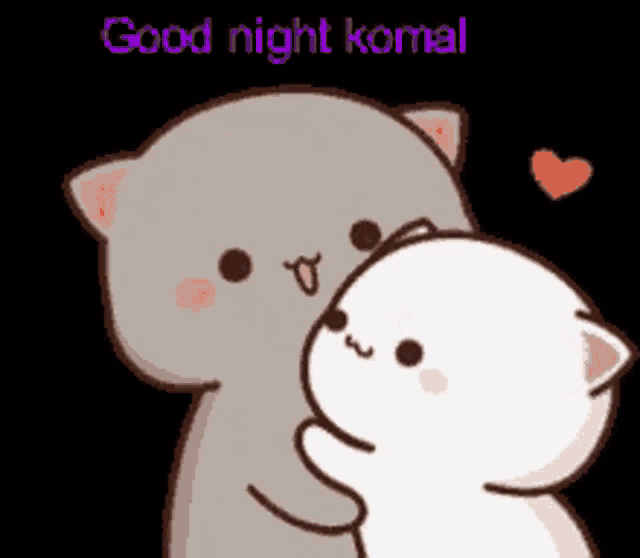 a couple of cartoon cats hugging each other with the words `` good night komal '' written above them .