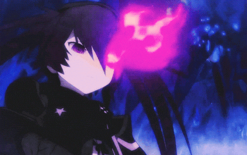 a girl with black hair and purple eyes is holding a purple object in her hand