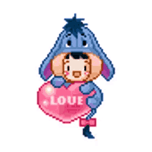 eeyore from winnie the pooh is holding a pink heart with the word love on it