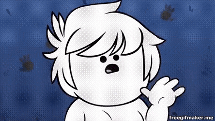 a cartoon character with a surprised look on his face is waving at the camera .