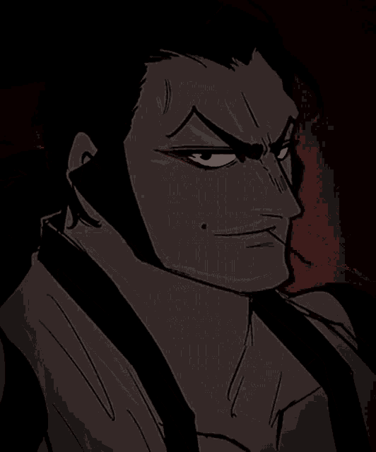 a drawing of a man with a ponytail and a red background