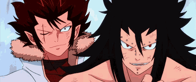 a couple of anime characters standing next to each other with one having red eyes