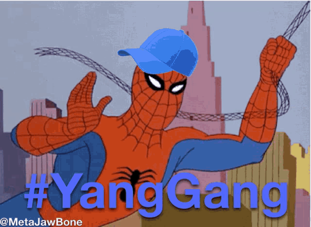 a cartoon of spider-man wearing a blue hat with the hashtag #yanggang below him