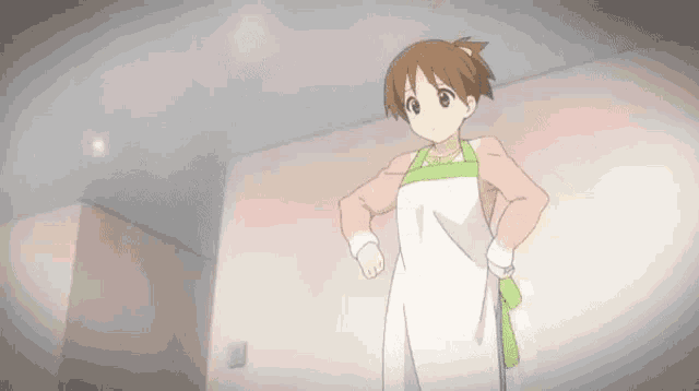 a cartoon girl wearing an apron is standing in a room .