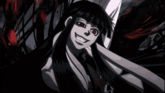 a woman with long black hair and red eyes is smiling